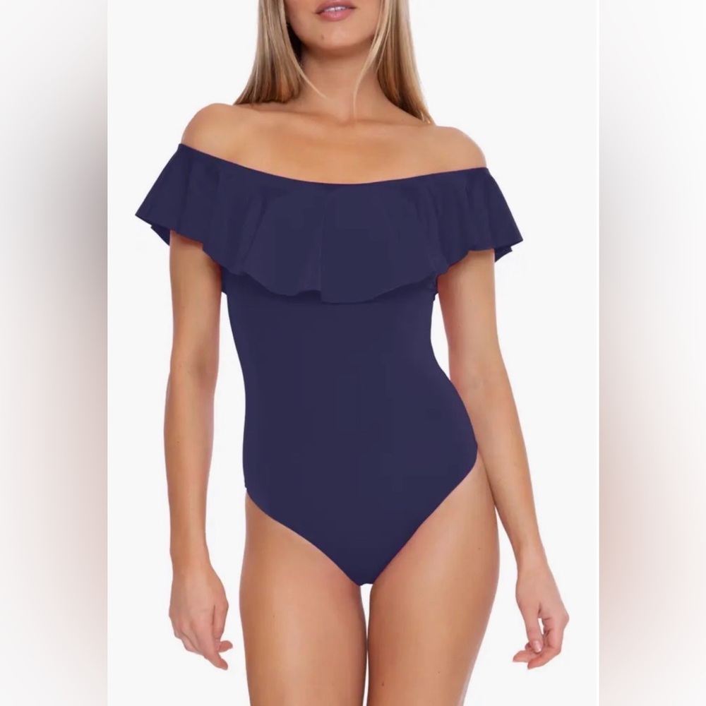 Navy Blue Ruffled One Piece worn on or off the shoulders size 8